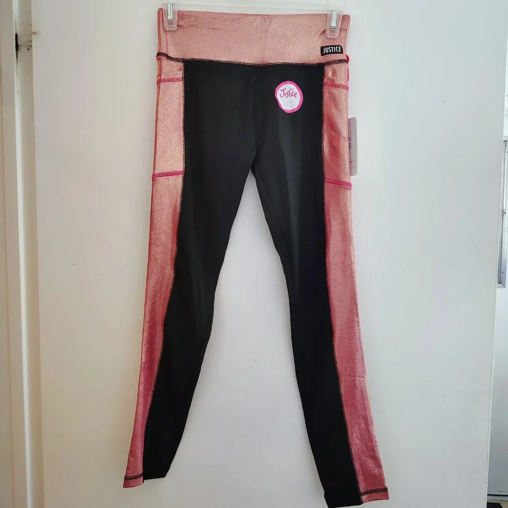Justice girls side shine leggings in pink and black (size L)